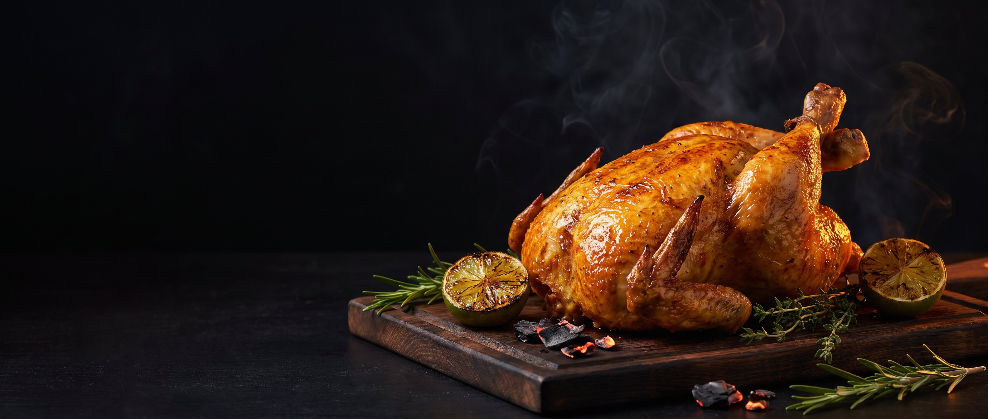 A golden rotisserie chicken on a dark board with charred limes and herbs