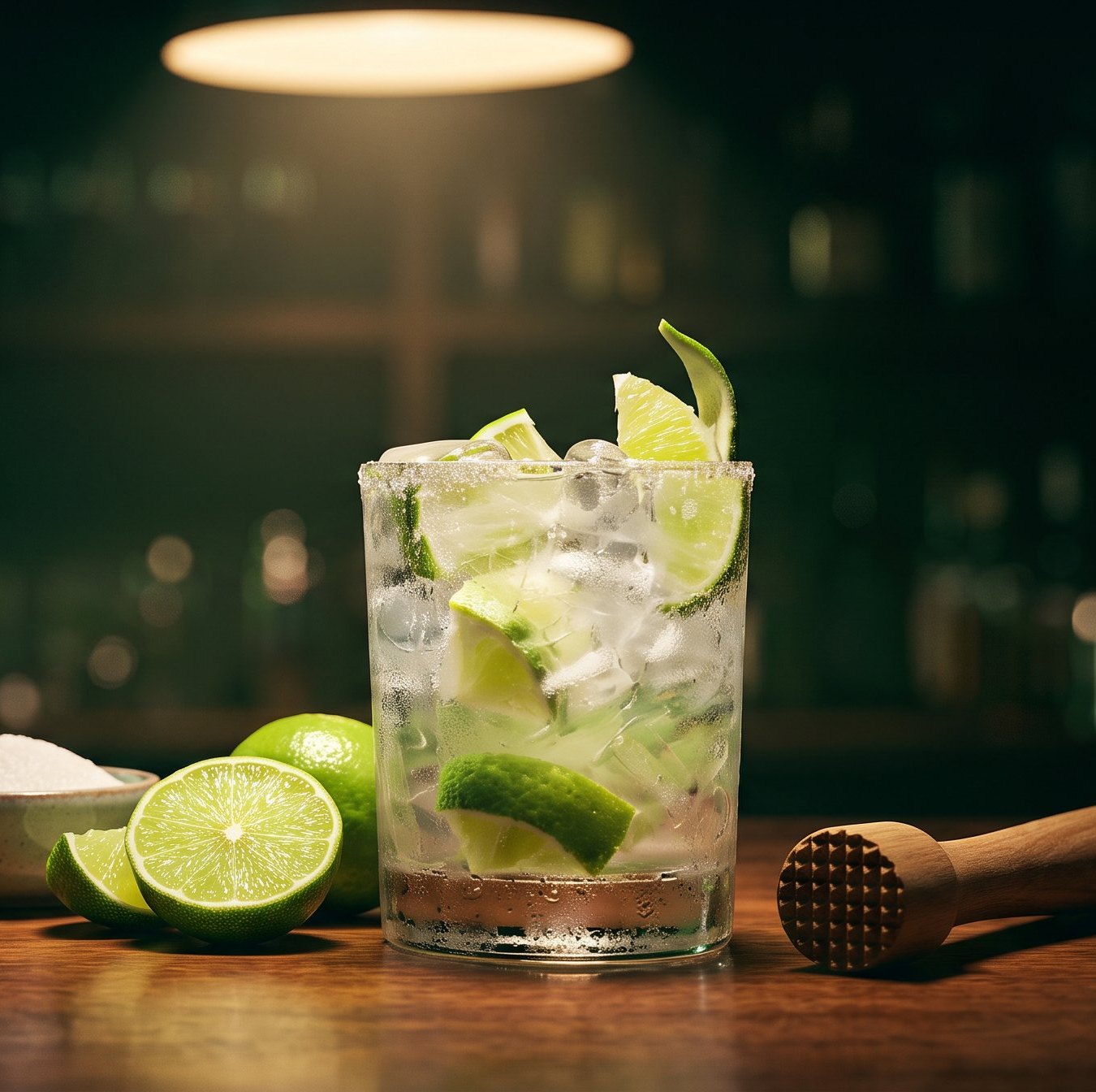 A caipirinha on a dark bar top